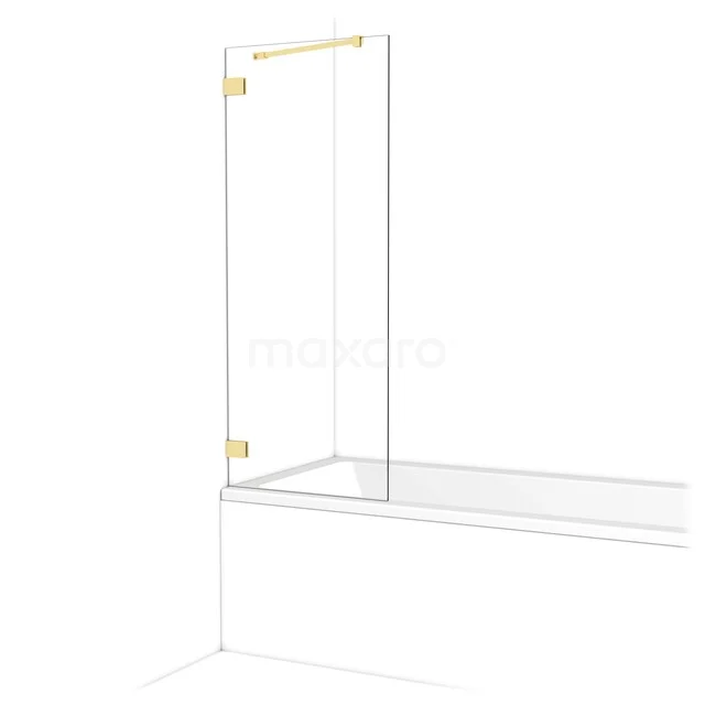 Glazen badwand met goudkleurige scharnieren, strak design, ideaal voor een moderne badkamerstijl.