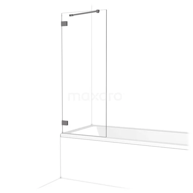 Transparant glazen badwand met zilveren scharnieren en stabilisatiestang, ideaal voor een moderne badkamerinrichting.