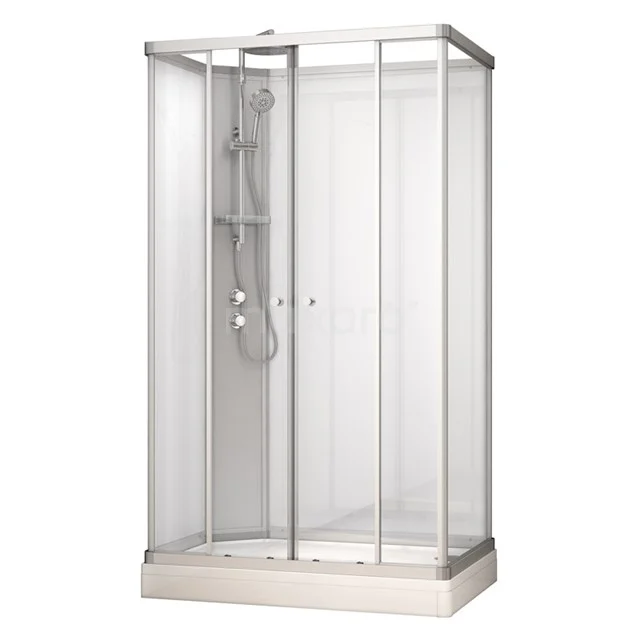 Vierkante douchecabine met aluminium profielen, glazen deuren en witte kunststof bodem; ideale badkameroplossing.