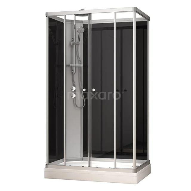 Moderne Duschkabine mit schwarzen Glaspanelen, Aluminiumrahmen und integrierter Regendusche, ideal für jedes Badezimmer.