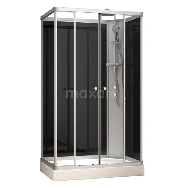 Stijlvolle douchecabine met zwart glazen achterwand, aluminium frame en geïntegreerde regendouche voor moderne badkamer.