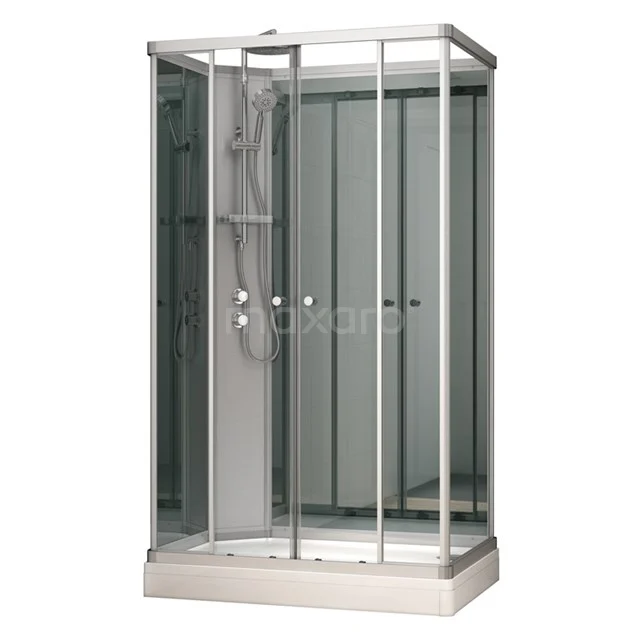 Eck-Duschkabine mit Schiebetüren, silberfarbenem Rahmen und Klarglas, ideal für eine moderne Badezimmer Einrichtung.