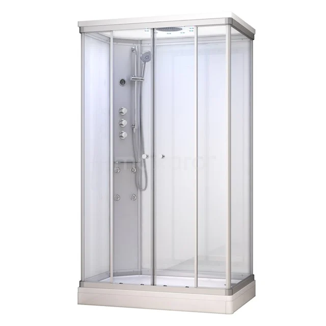 Stilvolle Duschkabine mit gläsernen Wänden, Aluminiumrahmen und praktischer Hydromassagefunktion für ein luxuriöses Badezimmererlebnis.