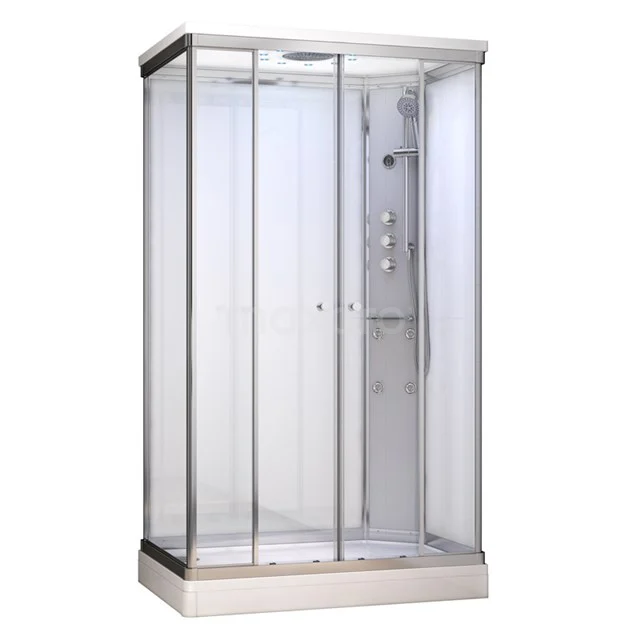 Douchecabine met schuifdeuren, hoekig design, zilverkleurig frame, ingebouwde regendouche en paneel, ideaal voor elke badkamer.