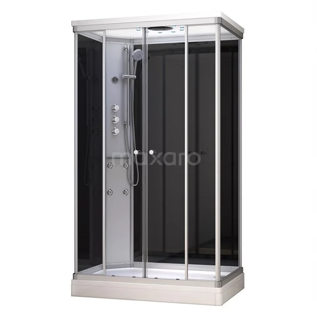 Moderne Duschkabine mit Schwarz Glas, silberner Umrandung und integrierter Regendusche, perfekt für ein luxuriöses Badezimmer.