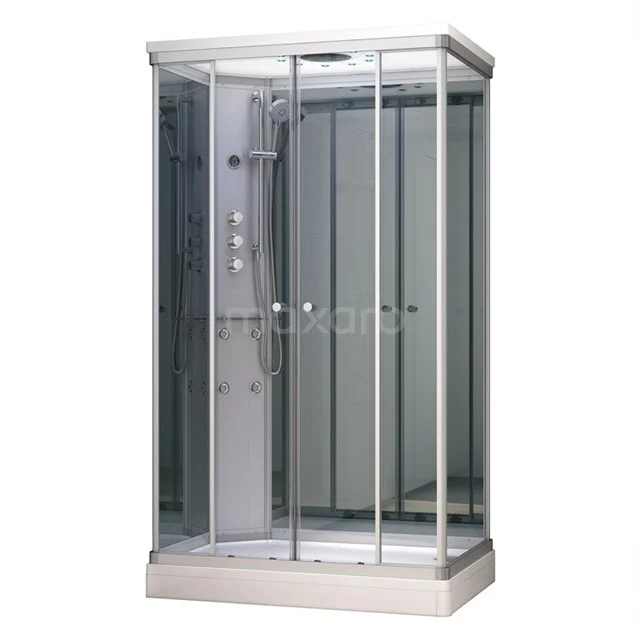 Glas Duschkabine mit Aluminiumrahmen und eingebauter Regendusche, ideal als stilvolle und moderne Badezimmerlösung.