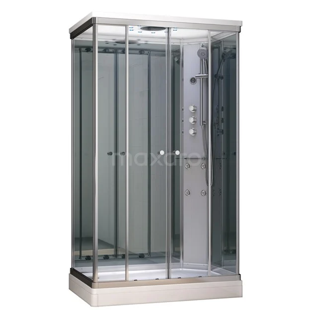 Glazen douchecabine met aluminium profielen, schuifdeuren en ingebouwde regendouche, ideaal voor moderne badkamers.