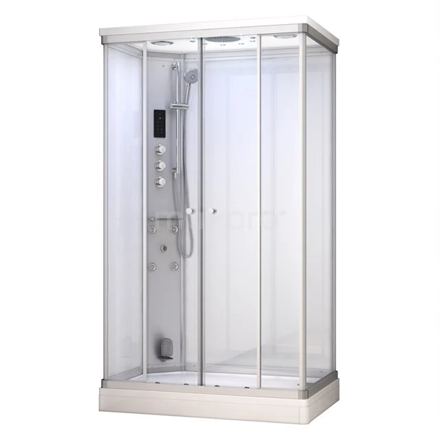 Luxury corner shower cabin with glass sliding doors, aluminium profiles and built-in rain shower; ideal for a modern bathroom.