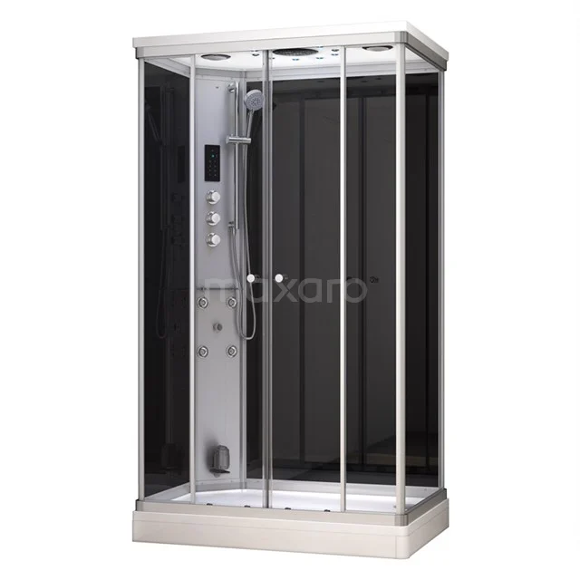 Modera Zweipersonen-Dampfkabine | 140x90 cm Schwarz Glas Schiebetür Rechteck AK1409-521101N Moderne Duschkabine mit Schwarz Glas, silberner Omlijstung und eingebauter Hydromassage; ideal für Luxus Bäder.