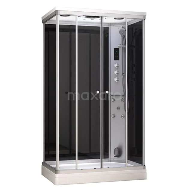 Modern rectangular shower enclosure with black glass and chrome frame, including integrated rain shower and panel for bathroom comfort.