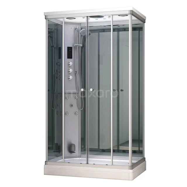 Modera 2 Person Steam Cabin | 140x90 cm Mirror glass Sliding door Rectangle AK1409-522101N Stylish glass shower enclosure with silver frame and integrated panel, ideal for a modern bathroom.