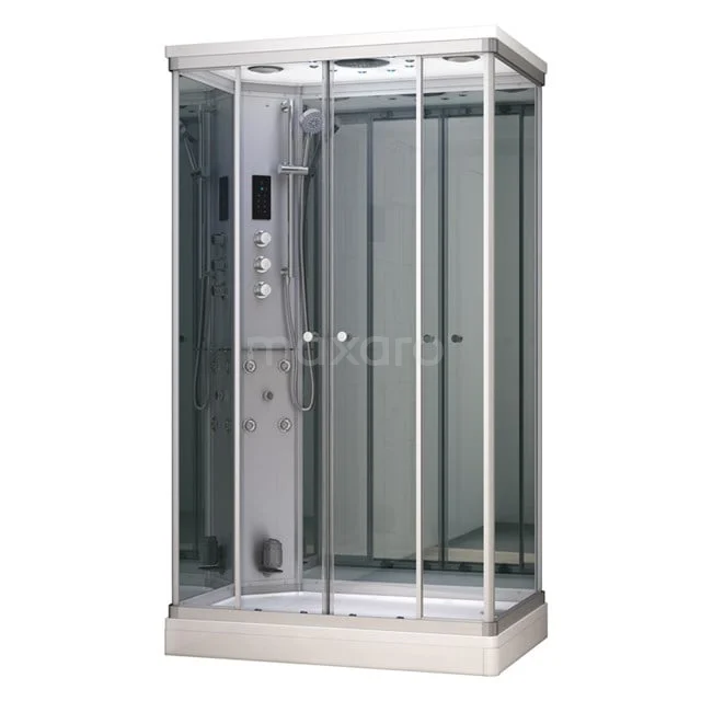 Stylish glass shower enclosure with silver frame and integrated panel, ideal for a modern bathroom.