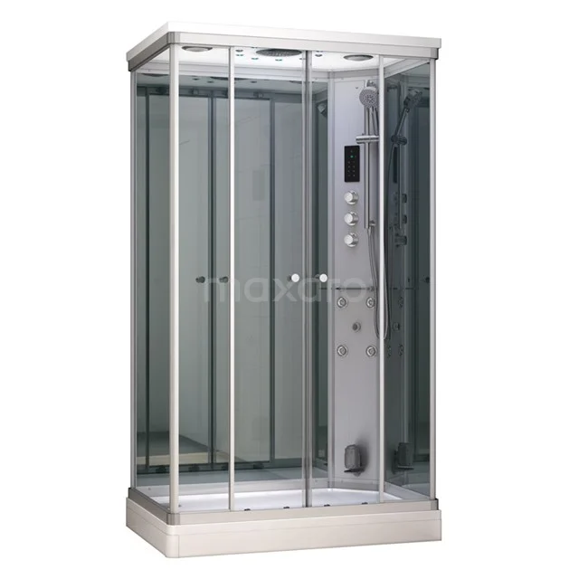 Stijlvolle glazen douchecabine met aluminium frame, inclusief hydromassagesysteem voor luxe badkamercomfort.