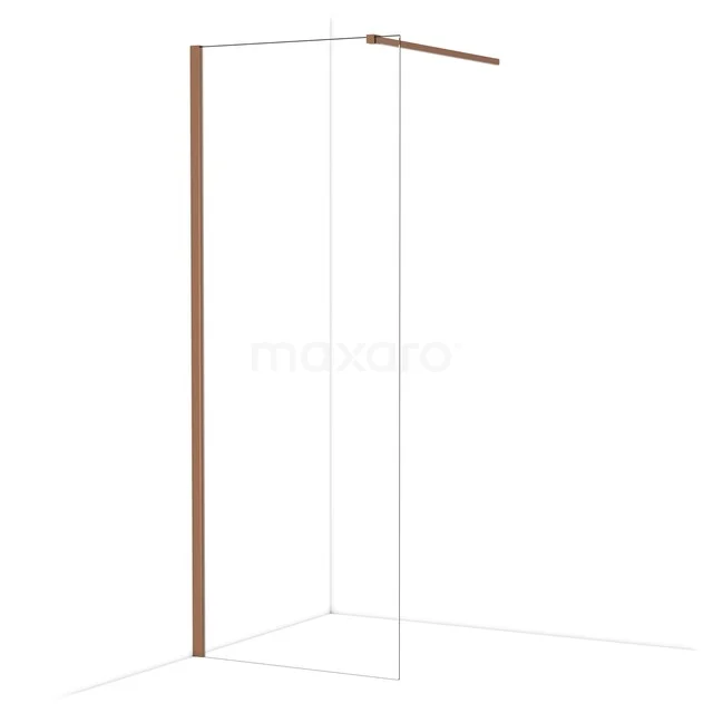 Douchewand met minimalistisch design, helder glas en houten profiel; stijlvolle toevoeging aan een moderne badkamer.