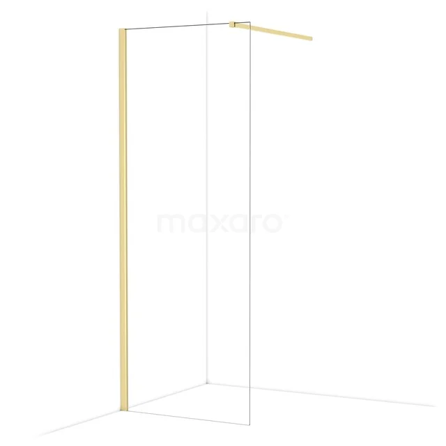 Shower wall with gold-coloured frame, L-shaped glass design, ideal for modern bathrooms.