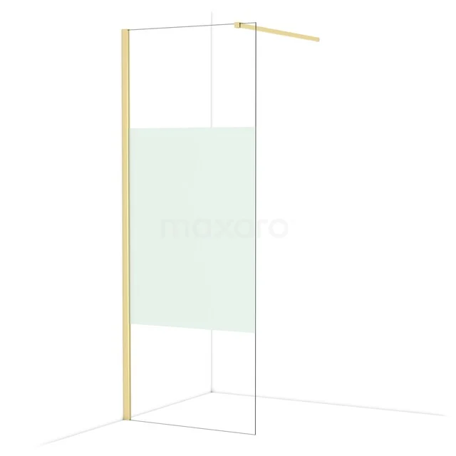 Douchewand met goudkleurig frame, matglas detail en hoekprofiel; stijlvol en modern design voor elke badkamer.
