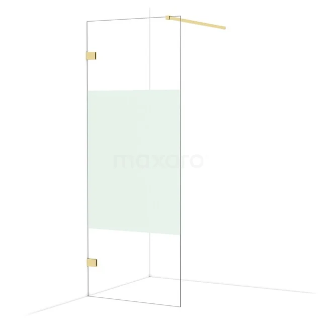Glazen douchewand met goudkleurige details en mat gedeelte, ideaal voor een moderne badkamerstijl.