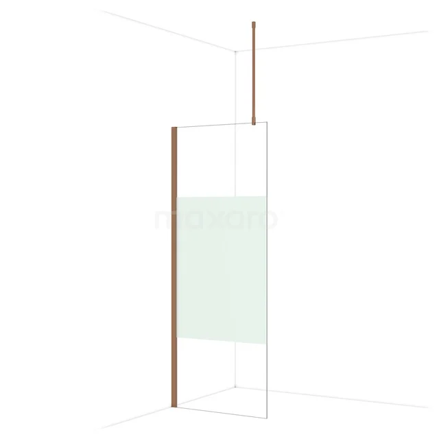 Strakke glazen douchewand met matwitte strip en rosegouden accenten, ideaal voor een moderne badkamerstijl.