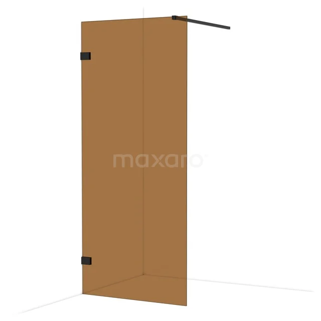 Diamond Walk-in shower | 90 cm Matte black Bronsglas Fixed wall IDA09129MB Douchewand bronskleurig glas, minimalistisch ontwerp met zwarte scharnieren, ideaal voor moderne badkamerinrichtingen.