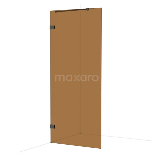 Bruine douchewand van glas met mat zwarte scharnieren, perfect voor een stijlvolle moderne badkamer.