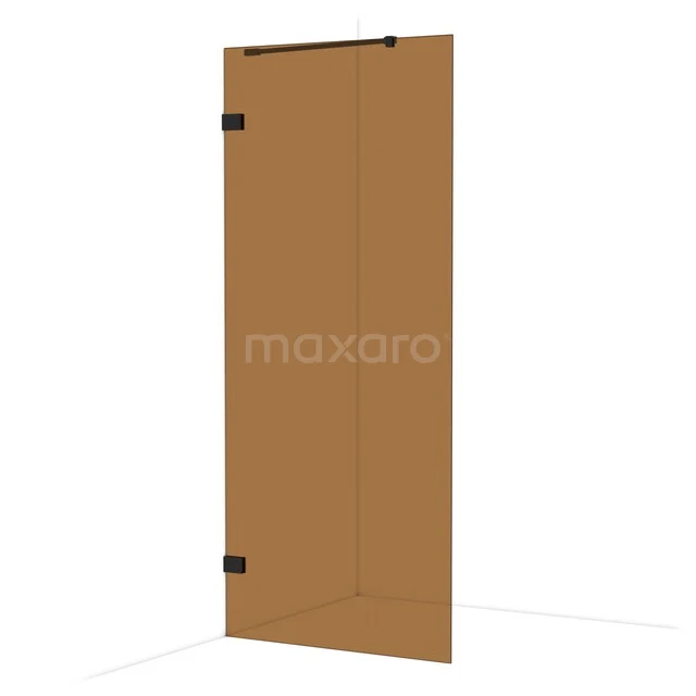 Diamond Inloopdouche | 90 cm Mat zwart Bronsglas Vaste wand IDA09229MB Matglazen douchedeur met gouden tint, draaibaar design, zwarte scharnieren, perfect voor moderne badkamerstijl.