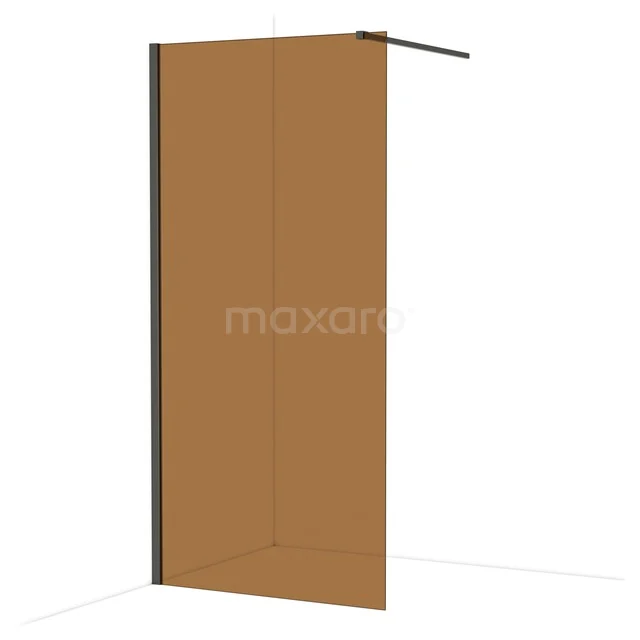 Bruine glazen douchewand met mat zwarte profielen, moderne afwerking, ideaal als stijlvolle scheiding in de badkamer.
