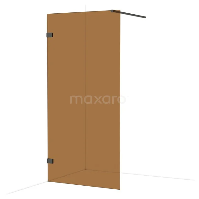 Bronze-coloured glass shower screen, minimalist design, metal hinges and stabilisation bar for a modern bathroom style.