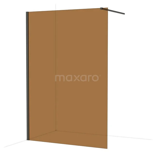 Bruine glazen douchewand met mat zwarte afwerking, onderdeel van moderne badkameraccessoires.
