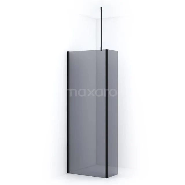 Grey frosted glass shower screen with black frame and ceiling support, modern bathroom design, ideal for a stylish shower enclosure.