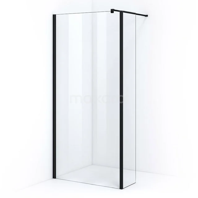 Pearl Walk-in shower | 100 cm Matte black Clear glass Fixed wall with side panel IPC102300M Shower screen with black metal profile, clear glass, modern design, ideal as a stylish room divider in the bathroom.