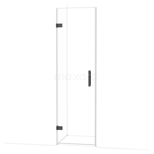 Glas Duschtür mit Klarglas, schwarzen Scharnieren und Haltegriff, ideal für ein modernes Badezimmer.