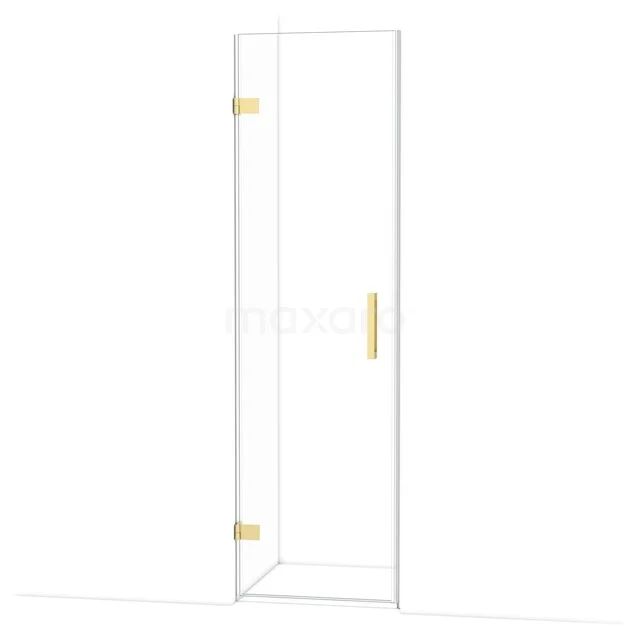 Shower door clear glass with gold hinges and handle, sleek modern style, perfect for luxury bathrooms.