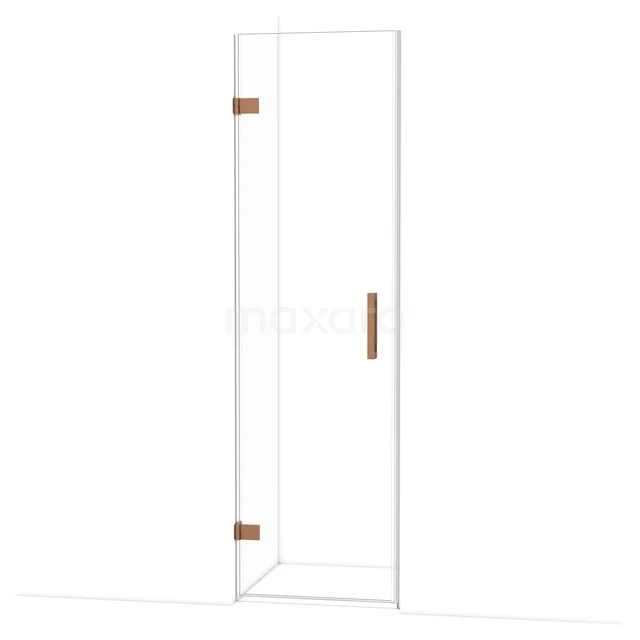 Glazen douchedeur met strak design, goudkleurige scharnieren en handgreep, ideaal voor een moderne badkamer.