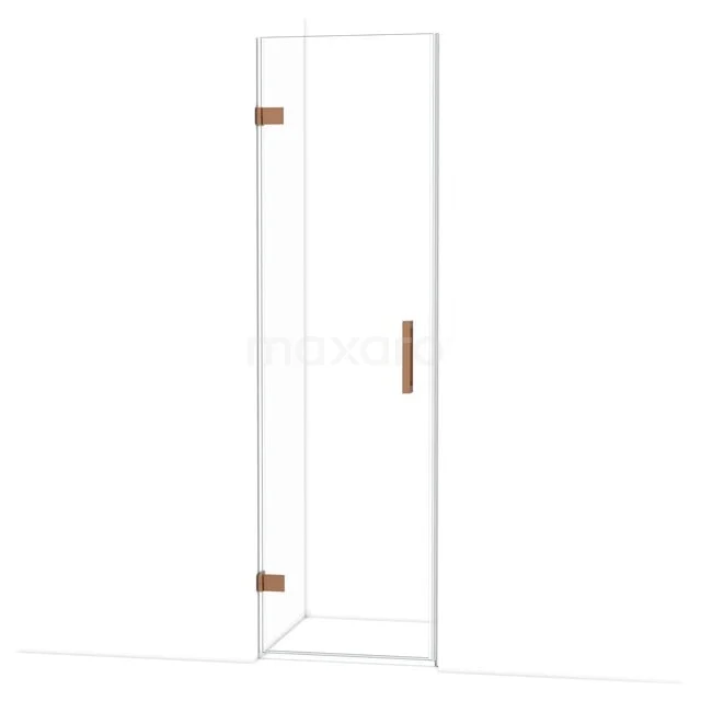 Glas Duschtür mit klarem Design, goldfarbene Scharniere und Haltegriff, ideal für ein modernes Badezimmer.