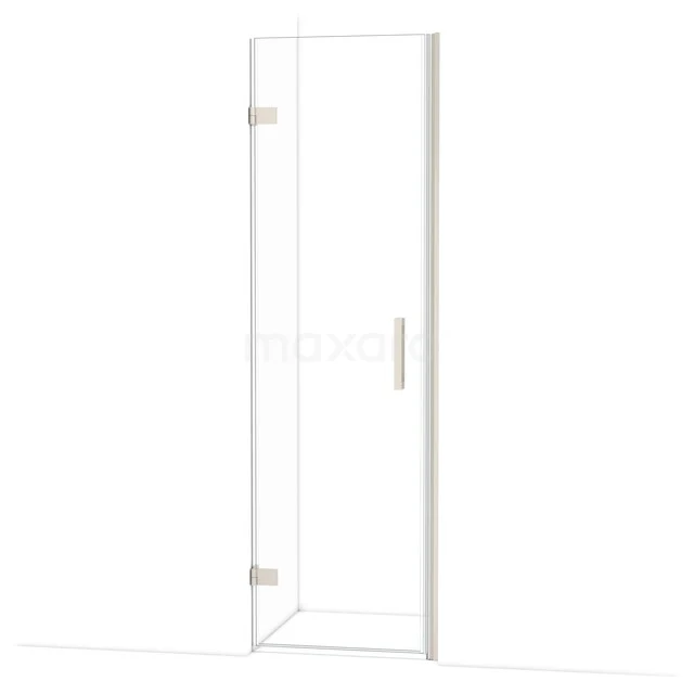 Heldere glazen douchedeur met chrome scharnieren en slank handvat, ideaal voor een moderne badkamer.