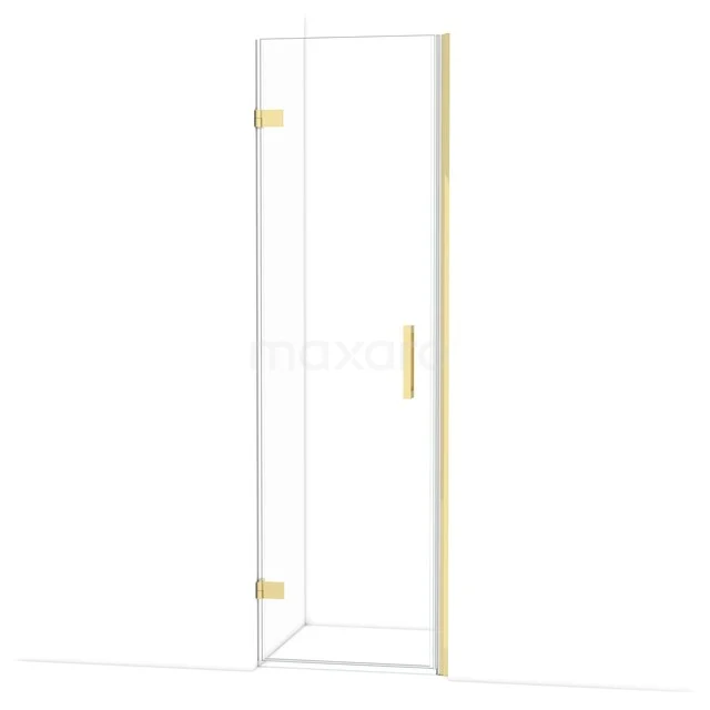 Transparent shower door, gold-coloured accents, straight shape, ideal for a modern bathroom.