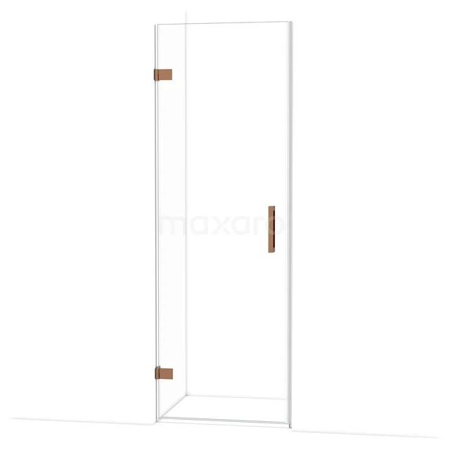 Glazen douchedeur, helder transparant met goudkleurige scharnieren en handgreep, luxe toevoeging voor elke moderne badkamer.