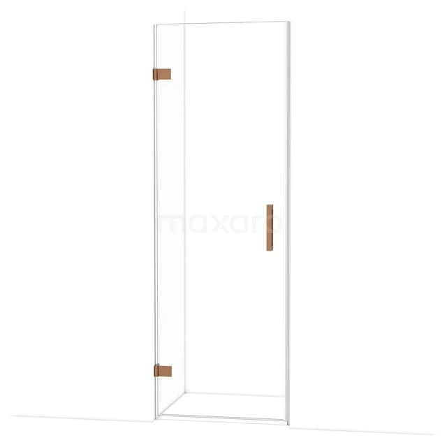 Glasene Duschtür mit eckiger Form, Messingscharniere und Haltegriff, ideal für moderne Badezimmerinrichtungen.