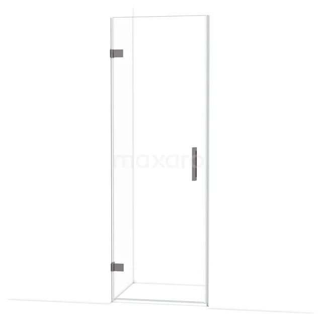 Glazen douchedeur met strak ontwerp, scharnierbevestiging en metalen handgreep, ideaal voor een moderne badkamerstijl.