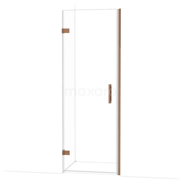 Glasene Duschtür mit minimalistischem Design, goldfarbene Scharniere und Haltegriff; perfekte Ergänzung für ein modernes Badezimmer.