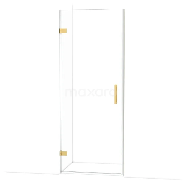 Klarer Glas-Duschtür mit goldfarbenen Akzenten und Scharnieren, ideal als stilvolle Badezimmerlösung.