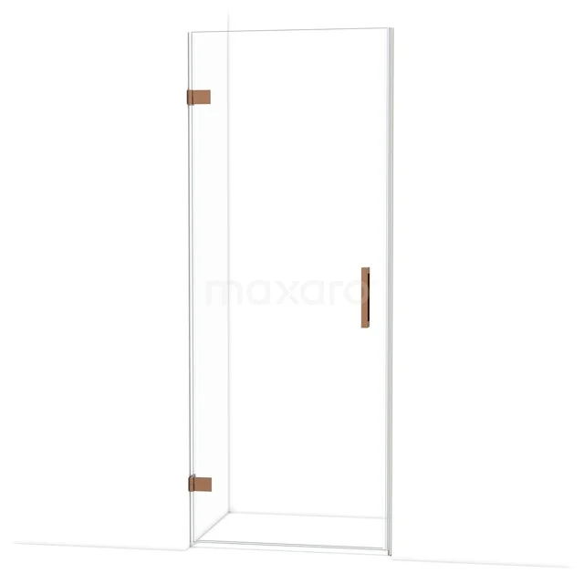 Glazen douchedeur met koperkleurige scharnieren en handgreep, modern design, perfect voor een stijlvolle badkamer.