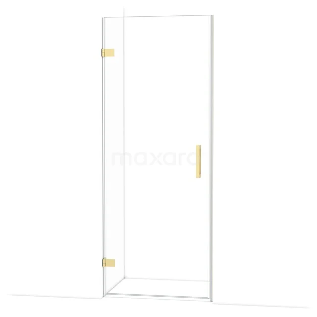 Glass shower door with gold-coloured hinges and handle, modern design, perfect for a luxury bathroom style.