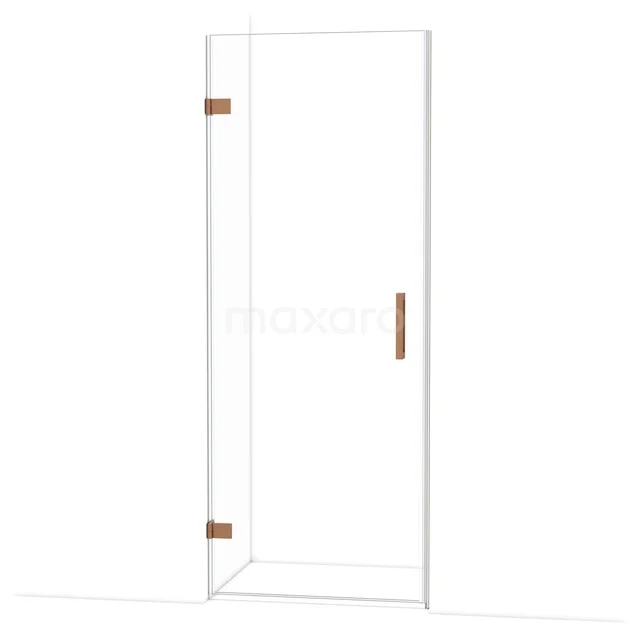 Glazen douchedeur met koperkleurige scharnieren en handgreep, strak design voor een moderne badkamer.