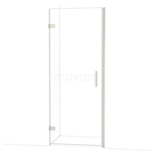 Glasene Duschtür mit klarem Design, metallischem Haltegriff und Scharnieren, ideal für ein modernes Badezimmer.