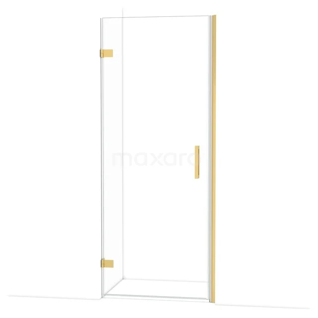 Glazen douchedeur met goudkleurige scharnieren en handgreep, modern design, ideaal voor een stijlvolle badkamer.