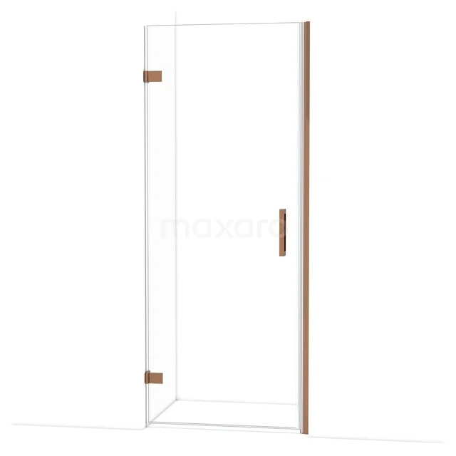 Glas Duschtür mit Kupfer Scharnieren und Haltegriff, minimalistisches Design, ideal für ein modernes Badezimmer.