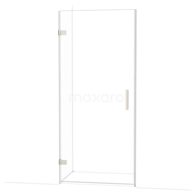 Glazen douchedeur met chromen scharnieren en handgreep, minimalistisch ontwerp, perfect voor een moderne badkamer.