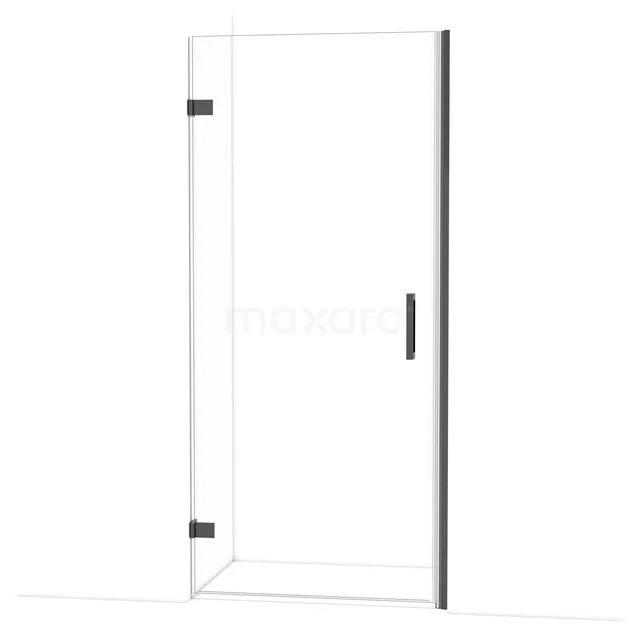 Klarer Glas-Duschtür mit mattschwarzen Scharnieren und Haltegriff, modernes Design, ideal für ein stilvolles Badezimmer.