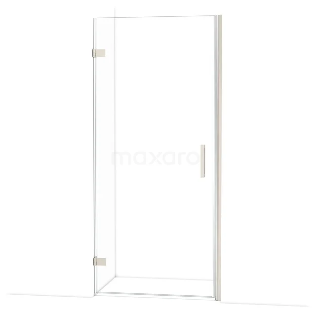 Glass shower door with silver handle, straight lines and minimalist design, perfect for a modern bathroom.